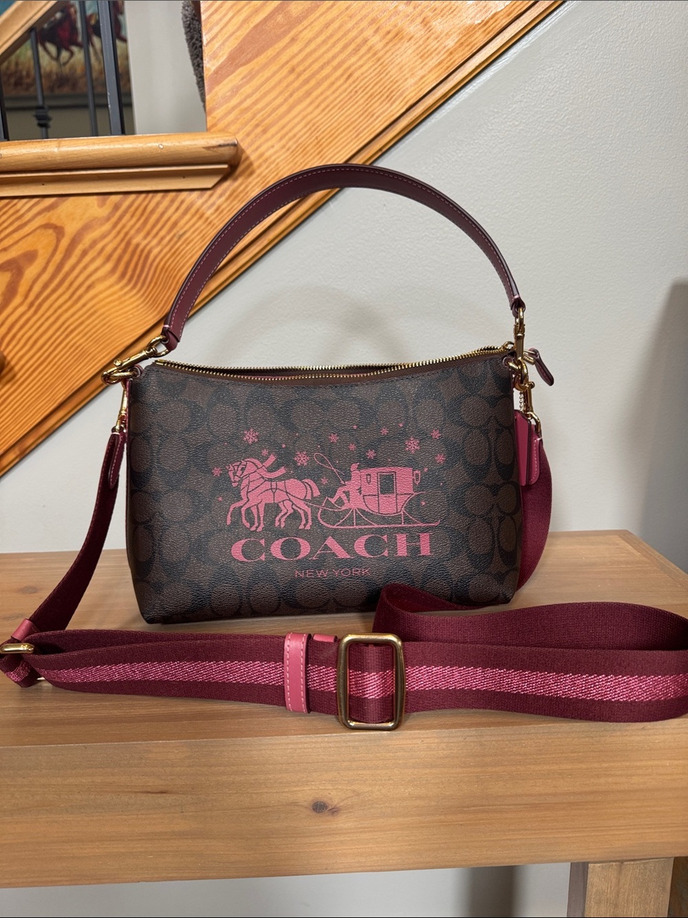 Coach New York Brown Signature Canvas Shoulder Bag with Pink Accents